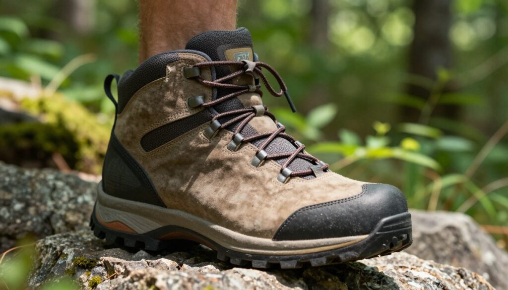 A close-up view of a well-structured hiking boot with a sturdy upper, showcasing its features like a padded collar and reinforced toe cap. The boot is placed on a rocky terrain, with vibrant green foliage in the background, highlighting an outdoor setting. Soft sunlight filters through the trees, casting gentle shadows that enhance the texture of the boot's material. The focus is on the boot's support and comfort features, such as the cushioning and lacing system. A shallow depth of field blurs the surroundings slightly, drawing attention to the boot's quality craftsmanship. The overall mood is adventurous and inspiring, evoking the exploration of nature in a serene atmosphere.
