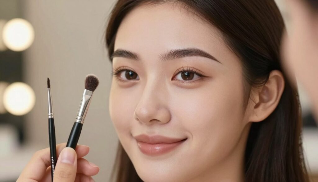 A close-up view of beautifully shaped and defined eyebrows, showcasing the fine details of brows styled with natural looking hair strokes. The foreground should depict a professional makeup artist's tools, such as a brow pencil and brush, arranged neatly. In the middle, a model with flawless skin and subtle makeup is smiling softly, her brows on full display, enhancing her features. The background should be softly blurred to emphasize the eyebrows and the makeup tools while suggesting a serene beauty salon atmosphere, with warm, inviting lighting. Use a shallow depth of field to create a polished look, capturing the essence of permanent makeup artistry. The mood should be elegant and sophisticated, reflecting the artistry of brow makeup.