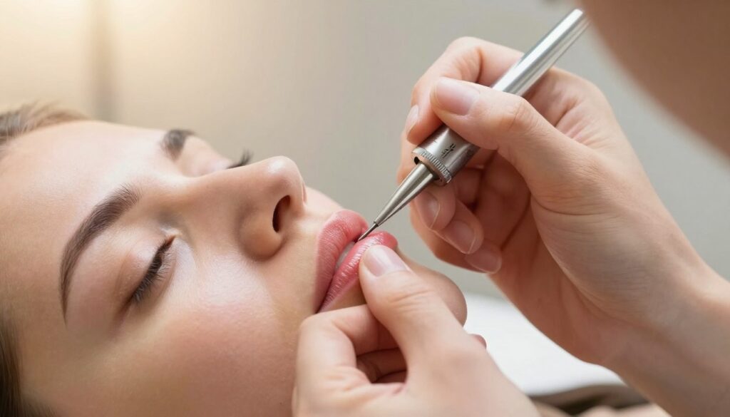 A close-up view of elegant lips undergoing permanent makeup application, showcasing the precision of the artistry. The foreground features a professional makeup artist applying pigment to the lips with a fine needle, focused and skilled. The middle ground highlights the glowing, freshly enhanced lips, subtly stained with the newly applied color. The background is softly blurred with warm, natural light filtering through, creating a soothing atmosphere. The setting is professional yet inviting, emphasizing a clean and hygienic environment typical for permanent makeup procedures. The overall mood is serene and focused, underscoring the importance of proper aftercare without distractions.