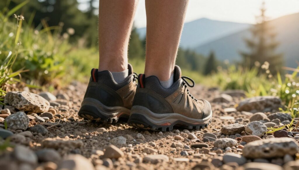 A close-up view of sturdy trekking shoes resting on a rocky trail, showing details of their rugged soles and breathable material. The foreground features dirt and small pebbles, highlighting their use on outdoor terrains. In the middle ground, a blurred backdrop includes lush greenery and distant mountains, evoking a sense of adventure and exploration. Soft afternoon sunlight filters through the trees, casting gentle shadows for a warm and inviting atmosphere. The scene conveys a sense of readiness for hiking, emphasizing the importance of caring for trekking shoes. Capture this moment from a slightly lower angle, drawing attention to the shoes while maintaining the natural beauty of the environment. Aim for a realistic and vibrant representation.