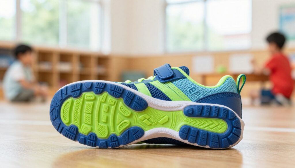 A close-up view of the sole of a children's athletic shoe, showcasing important features such as cushioning, grip patterns, and flexibility. In the foreground, display the textured rubber sole with visible tread design for traction. In the middle ground, show the entire shoe with bright, engaging colors—perhaps in a blue and green palette—to emphasize its lightweight and comfortable nature. The background should be a soft-focus school gym setting, bathed in natural light from large windows, creating an inviting atmosphere. The image should evoke a sense of playfulness and activity, highlighting the shoe's practicality for first graders engaging in physical education classes, with a bright, cheerful mood.