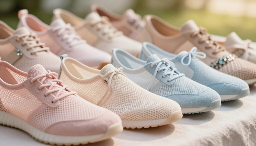 A close-up view of various shoe materials elegantly displayed on a soft fabric background. The foreground features lightweight, breathable fabrics like mesh and suede, showcasing intricate textures and colors, such as pastel pink, soft beige, and light blue. Sophisticated details like delicate embellishments and subtle patterns are visible. The middle ground transitions to a blurred array of stylish shoelaces and decorative elements that highlight their elegance. In the background, a hint of a sun-drenched outdoor setting with gentle greenery provides a soft-focus, creating a fresh, airy atmosphere. The lighting is warm and natural, emphasizing the shoes' lightweight qualities, evoking a sense of ease and casual elegance suitable for both everyday wear and special occasions.