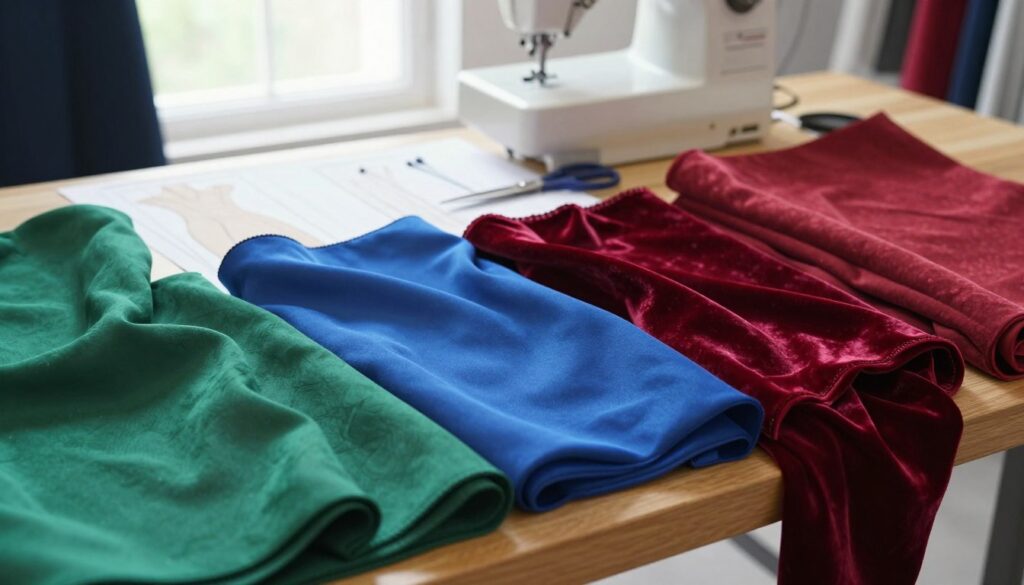 A collection of high-quality fabrics suitable for dressmaking, displayed elegantly on a wooden table. In the foreground, various materials such as soft cotton, flowing chiffon, and plush velvet, in rich jewel tones like emerald green, royal blue, and deep red, are neatly arranged. In the middle ground, a sewing pattern lies partially visible, accompanied by scissors and tailored pins, revealing the construction aspect of dress design. The background features a softly blurred sewing machine with bright, natural light streaming through a window, creating an inviting atmosphere. The overall mood is artistic and inspiring, emphasizing craftsmanship and the art of choosing the right materials for flattering silhouettes. The image should be sharp and well-composed, resembling a stylish fashion workshop, with a focus on the textures and colors of the fabrics.