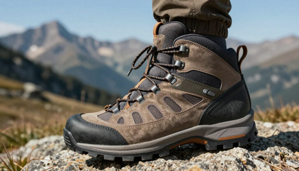 A detailed close-up of a high-performance trekking boot with a focus on its water-resistant membrane, showcasing intricate textures and breathable fabric layers. The foreground highlights the boot's features like stitches and ventilation panels, emphasizing durability and comfort. In the middle ground, depict a scenic mountain landscape with rugged terrain, symbolizing the environment where these boots excel. The background should feature distant peaks under a clear blue sky, creating a sense of adventure. Use soft, natural lighting to enhance the materials of the boot and convey warmth and reliability. The mood should evoke a spirit of exploration and readiness for outdoor challenges.