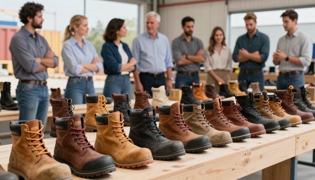 A dynamic and informative image showcasing a ranking of work boots, featuring a selection of various high-quality brands known for construction and warehouse use. In the foreground, display a well-organized array of safety boots, each with distinctive features, such as reinforced toes, slip-resistant soles, and waterproof materials. The middle ground should include a diverse group of professional workers, both men and women, dressed in smart casual work attire, evaluating the boots with thoughtful expressions. In the background, subtly integrated elements like a construction site and a warehouse environment create context. Bright, natural lighting enhances the image, highlighting the functionality and durability of the boots, while an enthusiastic yet professional atmosphere invites the viewer to engage. The angle should be a slightly elevated viewpoint to offer a comprehensive perspective on the ranking.