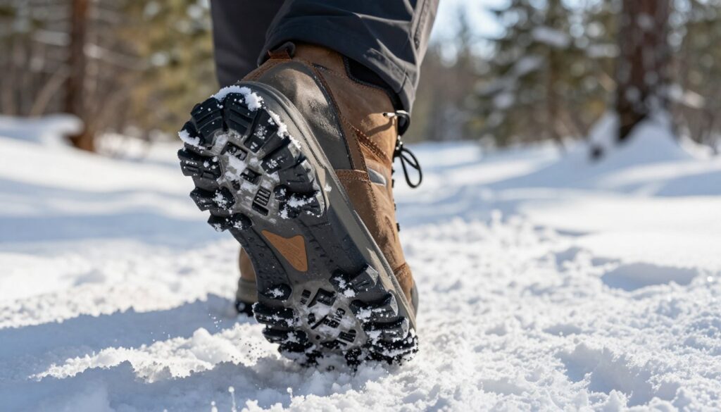 A dynamic close-up of a winter hiking boot's sole, showcasing intricate tread patterns designed for optimal grip on icy surfaces. The foreground features detailed textures of a rubber sole, highlighting various tread designs and grooves that enhance traction. In the middle ground, partially blurred, a snowy landscape stretches out, capturing the essence of a winter hiking adventure. Dappled sunlight filters through pine trees, casting gentle shadows on the snow. The camera angle is low to the ground, emphasizing the boot's structure and the texture of the icy terrain. The overall mood is one of adventure and resilience, inspiring confidence in outdoor winter footwear.