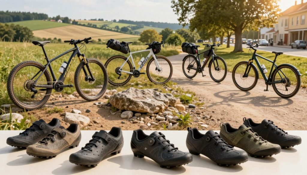 A dynamic scene showcasing a variety of bicycles representing different styles: a mountain bike (MTB) ruggedly poised on a rocky trail, a sleek road bike (szosa) against a picturesque countryside backdrop, a gravel bike set on a mixed terrain path, a trekking bike with packed gear in a peaceful park, and an e-bike parked casually near an urban environment. In the foreground, focus on a selection of cycling shoes, each distinctly designed for their respective bike types, laid out on a bright, inviting surface. The lighting is warm and natural, mimicking golden hour sunlight that casts playful shadows and highlights the textures of the shoes. Capture the atmosphere of adventure, exploration, and leisure as cyclists engage in their chosen styles, all in a harmonious and organized composition.