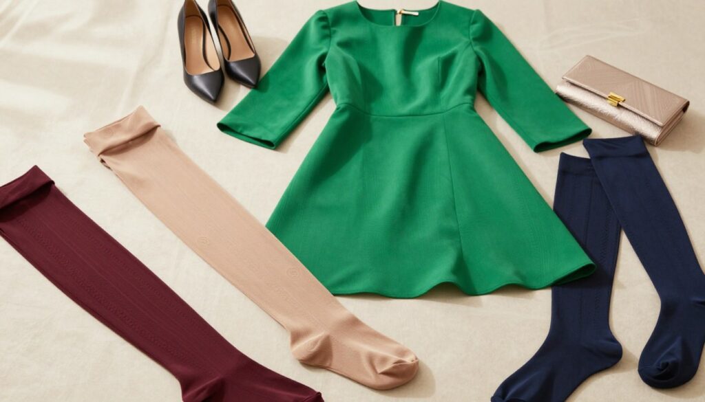 A fashion flat lay featuring a variety of colorful tights arranged elegantly around a vibrant green dress. In the foreground, the tights should include shades like deep burgundy, soft beige, and rich navy, showcasing their textures and patterns. The green dress, tailored and flowing, sits prominently in the center, illuminated by soft, natural lighting that casts gentle shadows. In the middle ground, delicate accessories like a pair of stylish heels and a clutch bag enhance the outfit's overall aesthetics. The background should feature a subtle, blurred out soft fabric texture to keep the focus on the clothing while creating an inviting and stylish atmosphere. The overall mood should exude elegance and sophistication, inspiring readers to consider pairing various tights with green attire for different occasions.