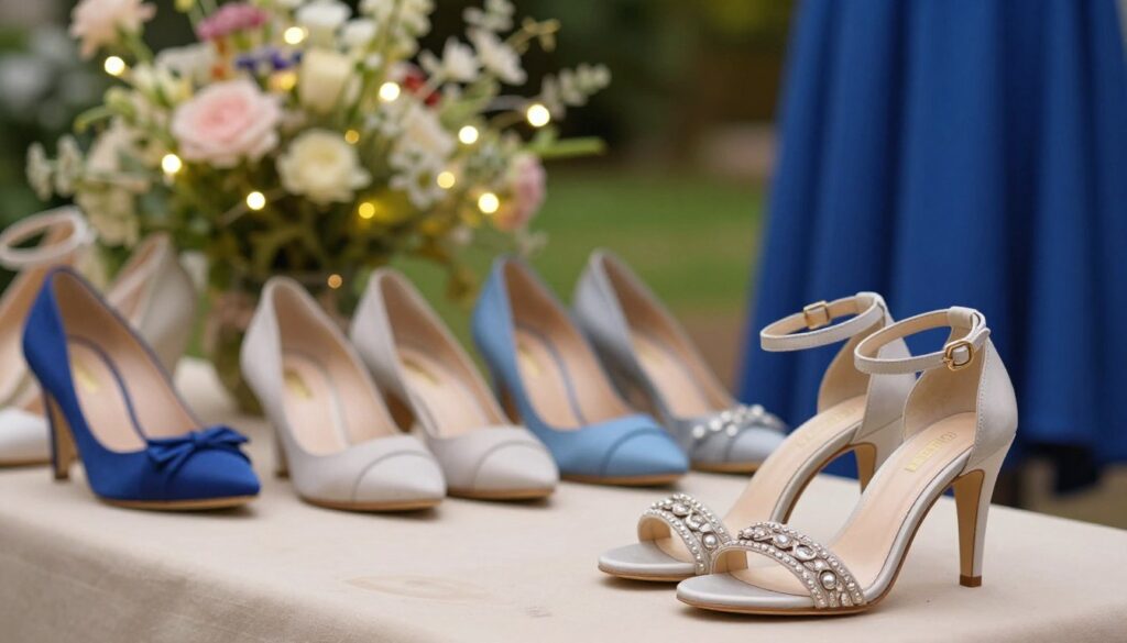 A fashion scene showcasing elegant footwear for a wedding occasion, featuring a pair of sophisticated high-heeled sandals with intricate detailing, placed prominently in the foreground. In the middle, display a variety of stylish shoes, including chic stilettos and graceful wedges, each designed in complementary colors to enhance a cobalt blue dress. In the background, create a softly blurred garden setting with delicate flowers and twinkling fairy lights, conveying a festive and romantic atmosphere. The lighting is warm and inviting, capturing the essence of a joyful celebration. The overall composition should exude elegance and style, perfect for a wedding or special event.