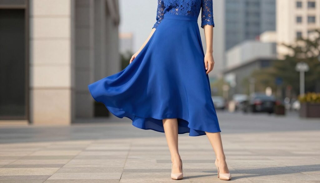 A fashionable model wearing a vibrant cobalt blue dress, elegantly flowing just above the knee, showcasing a sophisticated silhouette. The dress features delicate lace detailing along the neckline and sleeves, adding an air of elegance. The model is standing confidently in a chic urban setting, with soft morning sunlight casting a warm glow on her attire. She pairs the dress with classic nude heels, emphasizing a timeless style. In the background, hints of a modern cityscape are visible, softly blurred to keep the focus on the ensemble. The mood is stylish and vibrant, perfectly capturing the essence of versatility and elegance in pairing shoe colors with a cobalt blue dress. The composition should be well-balanced, inviting viewers to appreciate the outfit's details and the harmonious color combination.