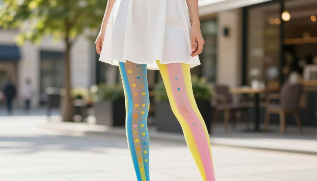 A fashionable model wearing a white dress stands confidently in the foreground, showcasing vibrant, colorful tights that add a lively touch to her outfit. The tights feature an array of playful patterns, including polka dots and stripes, in a harmonious mix of colors like bright blue, sunny yellow, and soft pink. In the middle ground, a softly blurred urban scene reflects a sunny day, with gentle green foliage and hint of a stylish café. The lighting is bright and cheerful, highlighting the textures of the tights and the elegance of the dress. The atmosphere conveys a fresh, youthful vibe, ideal for spring or summer, emphasizing a chic yet casual style. The angle captures both the model and her colorful accessories, making the image appealing and trendy.