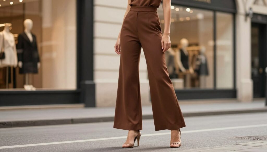 A full-length fashion photograph featuring a model wearing a stylish jumpsuit with wide legs, showcasing palazzo, culottes, and flare styles. The model is posing confidently on a city street, with storefronts blurred in the background, emphasizing the flowing fabric of the jumpsuit. She is wearing elegant heeled shoes that enhance her height and elongate her silhouette. Soft, natural lighting illuminates the scene, creating a warm and inviting atmosphere. The angle of the shot is slightly low, accentuating the outfit's details and the model's posture. The overall mood is sophisticated and fashionable, suitable for a modern urban setting, inspiring viewers with outfit coordination ideas for wide-legged jumpsuits.