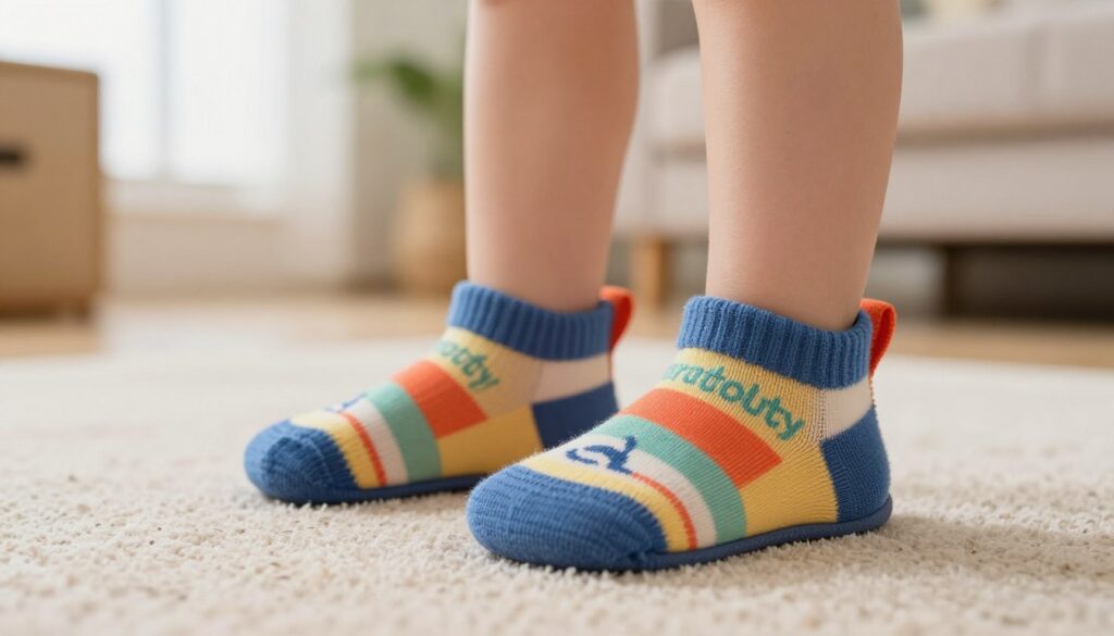 A pair of colorful "skarpetobuty" (sock shoes) designed for toddlers, featuring a flexible, breathable material that mimics the feel of being barefoot. The foreground shows the shoes in a playful setting, perhaps on a soft carpet or a warm wooden floor, with vibrant patterns and textures emphasized. In the middle, a child's tiny feet are playfully positioned next to the shoes, demonstrating their suitable size for early walkers. The background includes a softly blurred, cozy living room setting with gentle natural light coming from a nearby window, creating a warm and inviting atmosphere. Capture a joyful, exploratory mood that reflects the excitement of a child taking their first steps in these innovative shoes.