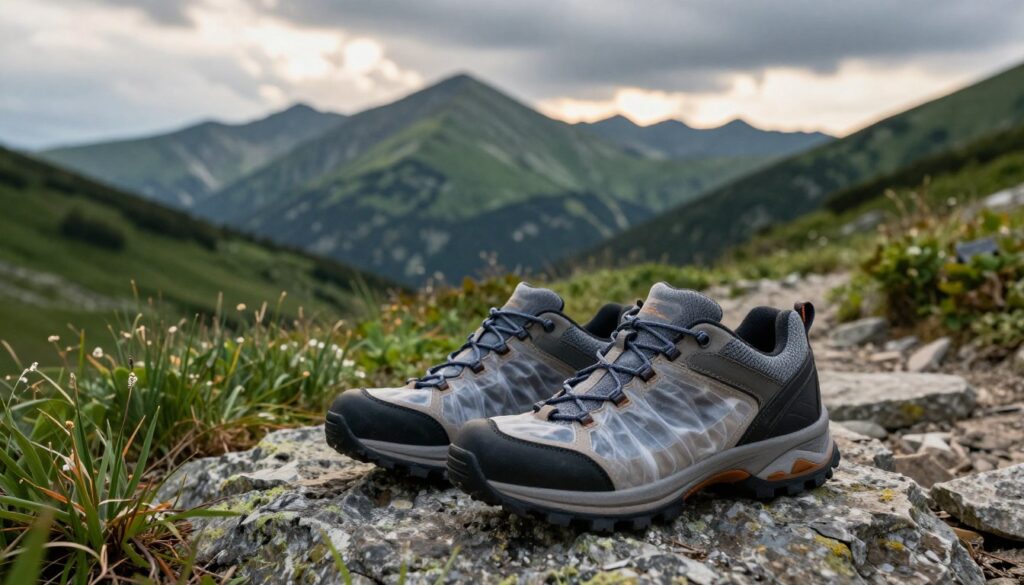 A pair of high-quality trekking shoes with a waterproof membrane, prominently displayed in the foreground, showcasing their rugged sole and intricate design. The shoes should be positioned on a rocky path surrounded by lush green mountain scenery, as if in the Tatra Mountains. In the middle ground, emphasize rolling hills and distant peaks, bathed in soft, natural lighting that suggests early morning or late afternoon. The background should feature a dramatic sky with patches of clouds, accentuating the potential for variable weather. The atmosphere should feel adventurous and inviting, illustrating the essence of trekking in challenging terrains. Ensure the image is dynamic with clear details on the trekking shoes, capturing their suitability for both easy and demanding trails. A pair of high-quality trekking shoes with a waterproof membrane, prominently displayed in the foreground, showcasing their rugged sole and intricate design. The shoes should be positioned on a rocky path surrounded by lush green mountain scenery, as if in the Tatra Mountains. In the middle ground, emphasize rolling hills and distant peaks, bathed in soft, natural lighting that suggests early morning or late afternoon. The background should feature a dramatic sky with patches of clouds, accentuating the potential for variable weather. The atmosphere should feel adventurous and inviting, illustrating the essence of trekking in challenging terrains. Ensure the image is dynamic with clear details on the trekking shoes, capturing their suitability for both easy and demanding trails.