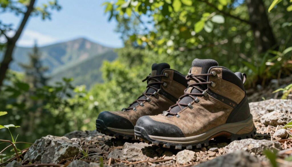 A pair of sturdy, high-quality trekking boots positioned prominently in the foreground on a rocky trail, with a focus on their rugged soles and lacing system, showcasing durability and stability. The middle ground features a lush, green forest setting with dappled sunlight filtering through the leaves, creating a serene yet adventurous atmosphere. In the background, distant mountains rise under a clear blue sky, hinting at exploration and a love for the outdoors. Captured from a low angle to emphasize the boots standing proud against the natural landscape, the overall mood is inspiring and energizing, inviting viewers to consider their next trekking adventure. Natural lighting enhances the textures of the boots and surrounding elements, giving a vibrant and authentic feel to the scene.