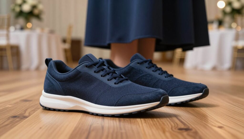 A pair of stylish athletic shoes placed on a wooden floor, designed to complement a sophisticated navy blue dress. The shoes should be modern and unique, showcasing various textures, with soft lighting highlighting their features. In the background, a subtle blur of a well-decorated event space with floral arrangements and soft, ambient lighting conveys a casual yet elegant atmosphere. The focus is on the shoes, with a shallow depth of field drawing attention to the intricate details like stitching and material. The overall mood is relaxed and approachable, reflecting a perfect blend of comfort and style suitable for social occasions.