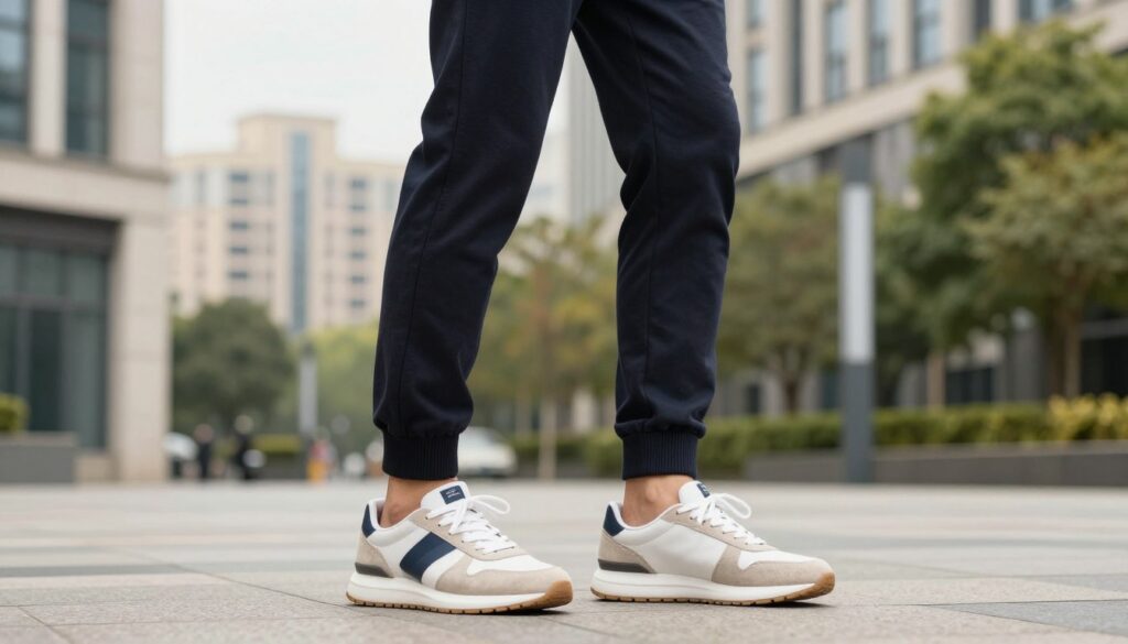 A pair of stylish men's joggers with cuffs, featuring a contemporary cut, placed in an urban setting. The foreground showcases the joggers, accentuating their fit and detailing, alongside a fashionable pair of sneakers that complement the casual outfit. In the middle background, a cityscape can be seen, with modern buildings and greenery, illustrating a relaxed daily lifestyle. The scene is captured in soft, natural daylight, providing a warm and inviting atmosphere. The angle is slightly low, focusing on the joggers and shoes while also showcasing the surrounding environment, creating a sense of movement and casual elegance. The overall mood exudes modernity and comfort, perfect for everyday style.