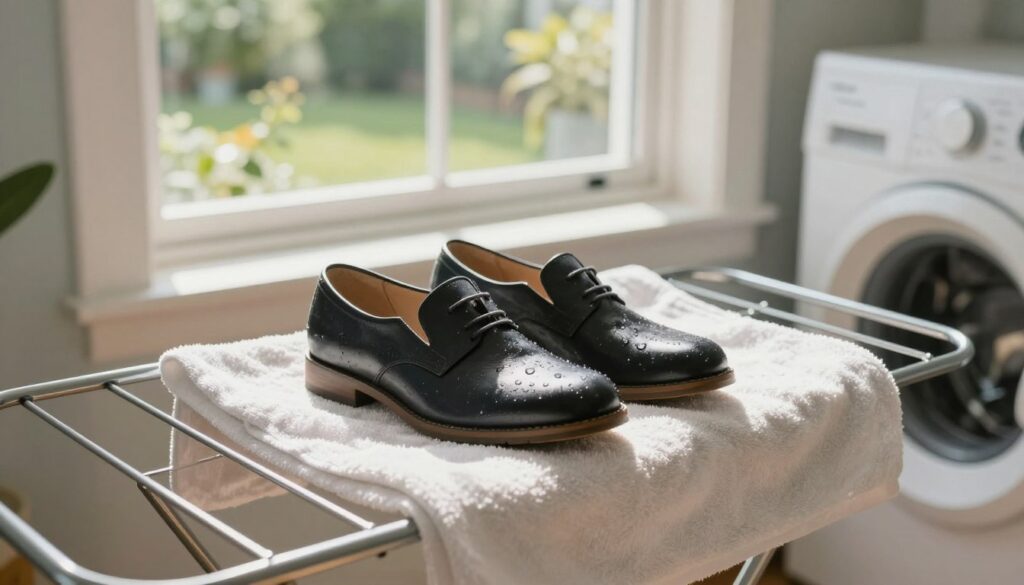 A pair of stylish shoes is lying on a drying rack in a bright, airy laundry room after being washed. The shoes are placed on a clean towel to absorb moisture, with gentle sunlight streaming through a nearby window, casting soft shadows and giving a warm glow. In the middle ground, a window reveals a picturesque garden, highlighting the contrast between indoor care and outdoor freshness. In the foreground, a few drops of water glisten on the shoes, emphasizing their newly washed condition without creating any streaks. This cozy scene conveys a sense of care and attention to detail in shoe maintenance, highlighting the importance of drying techniques to preserve shape and color. The overall mood is calm and organized, perfect for showcasing effective shoe care practices.