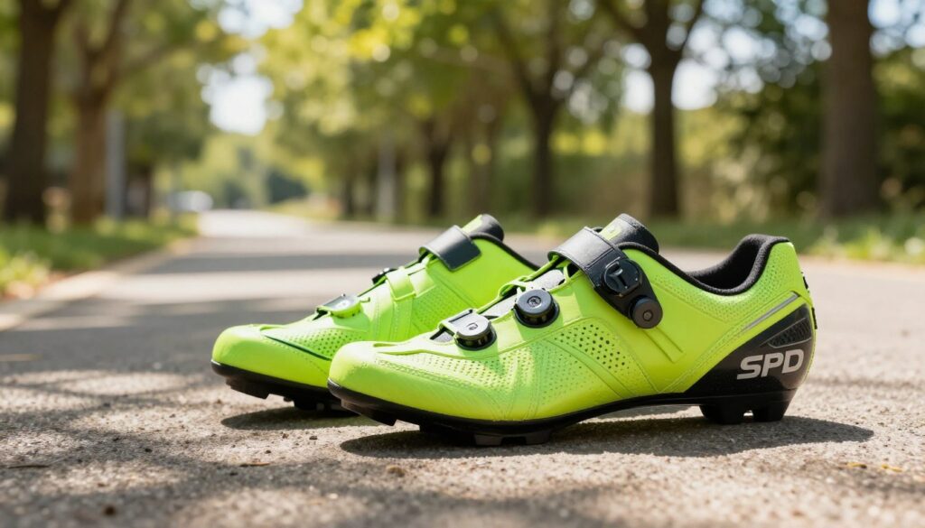 A pair of vibrant and stylish SPD cycling shoes prominently displayed in the foreground, showcasing their intricate design with sleek lines and ventilation features. The shoes should be angled to highlight their SPD compatibility and the clamping mechanism for cleats. In the middle ground, a blurred scenic vista of a sunny cycling path lined with trees, suggesting an ideal recreational setting for leisurely rides. Light filters through the leaves, creating dappled shadows on the ground, enhancing a warm and inviting atmosphere. Ensure the image has bright, natural lighting, capturing a sense of adventure and relaxation. The angle should be slightly elevated to focus on the shoes while still hinting at the surrounding environment, drawing attention to their functionality for recreational cyclists.