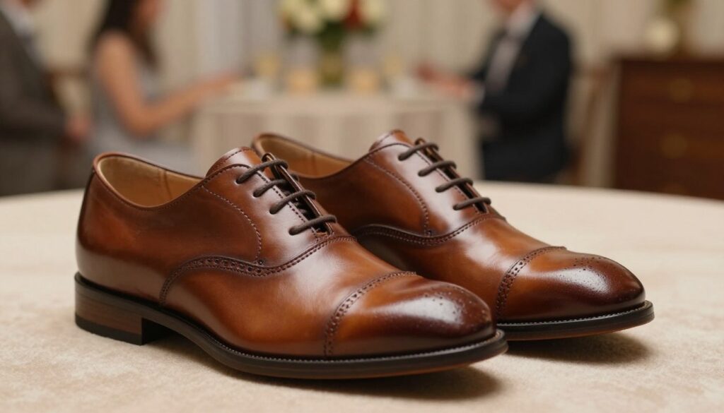 A polished pair of boy's dress shoes suitable for a formal occasion, crafted from high-quality leather with a rich brown hue. The shoes feature classic Oxford styling, complete with intricate stitching and a smooth finish that reflects quality craftsmanship. In the foreground, the shoes are placed on a softly textured surface, emphasizing their elegance. In the middle ground, a subtle backdrop of a warm, softly lit room hints at a family gathering, adorned with tasteful decorations that suggest a celebratory atmosphere. Soft, diffused lighting enhances the shoes' rich details, casting gentle shadows that highlight their contours. The overall mood is sophisticated and inviting, perfect for conveying comfort and quality, reflecting the importance of proper footwear choices for special occasions.