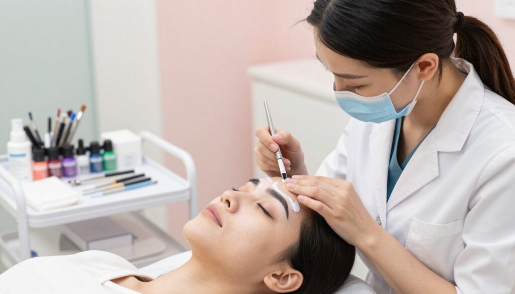 A professional aesthetician applies numbing cream to a client's brows in a bright, well-lit salon environment. The foreground features the aesthetician, a woman in a professional outfit, gently spreading the cream with a soft brush, showcasing caring attention to detail. The client, a woman with a calm expression, is seated in a comfortable chair, her eyes closed, ready for the procedure. In the middle ground, you can see tools for permanent makeup, including pigments and microblading instruments, neatly arranged on a sterile tray. The background has soft pastel colors, creating a serene and welcoming atmosphere. The lighting is soft and even, highlighting the delicate process while conveying a professional yet relaxed mood. The angle is slightly above eye level, capturing both the aesthetician’s focused expression and the client’s serene demeanor.