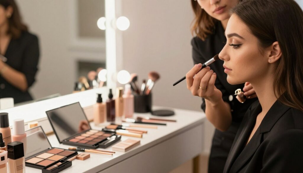 A professional makeup artist in a well-lit salon, showcasing an elegant makeup setup. In the foreground, a close-up of a makeup application in progress, with the artist applying foundation on a client's face. The artist is wearing a stylish, modest black outfit, embodying professionalism. In the middle ground, various high-quality makeup products such as palettes, brushes, and skincare items are displayed neatly on a vanity. The background features a softly illuminated mirror, reflecting the vibrant colors of the makeup. The atmosphere is inviting and sophisticated, emphasizing a sense of expertise and care. The lighting is warm and soft, creating an intimate ambiance suitable for a beauty salon. The angle captures the artistry of makeup application, focusing on the details of the process.