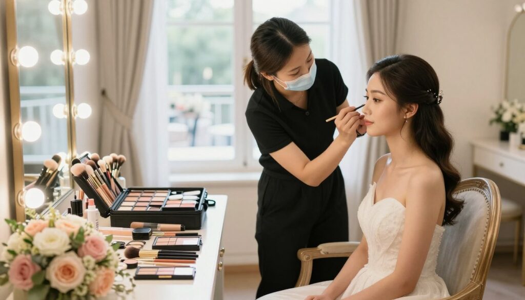 A professional makeup artist preparing a bridal makeup package, set in a beautifully decorated room filled with soft natural light. In the foreground, a well-organized makeup table with elegant cosmetics, brushes, and a bouquet of flowers adds a touch of romance. The middle ground features the artist, dressed in professional attire, skillfully applying makeup on a bride sitting in a stylish chair, looking serene and excited. In the background, a soft-focus view of a wedding venue can be seen through a window, enhancing the celebratory atmosphere. The lighting is warm and inviting, creating a dreamy, elegant mood, perfect for a bridal setting. A professional makeup artist preparing a bridal makeup package, set in a beautifully decorated room filled with soft natural light. In the foreground, a well-organized makeup table with elegant cosmetics, brushes, and a bouquet of flowers adds a touch of romance. The middle ground features the artist, dressed in professional attire, skillfully applying makeup on a bride sitting in a stylish chair, looking serene and excited. In the background, a soft-focus view of a wedding venue can be seen through a window, enhancing the celebratory atmosphere. The lighting is warm and inviting, creating a dreamy, elegant mood, perfect for a bridal setting.