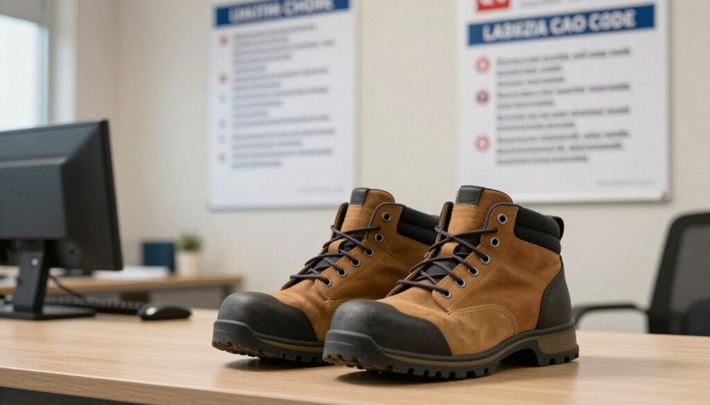 A professional workspace focused on occupational safety, featuring a sturdy pair of safety shoes prominently displayed in the foreground. Behind the shoes, a well-organized office setting illustrates a dedicated workspace, with safety posters outlining legal requirements like the Polish Labor Code and general health and safety regulations. The background should have a soft-focus effect, ensuring the shoes remain the focal point. The lighting is warm and inviting, accentuating the details of the shoes and the informative posters. Overall, create a mood of professionalism and safety awareness in an office environment, with a subtle hint of legal compliance that reflects the seriousness of workplace safety.