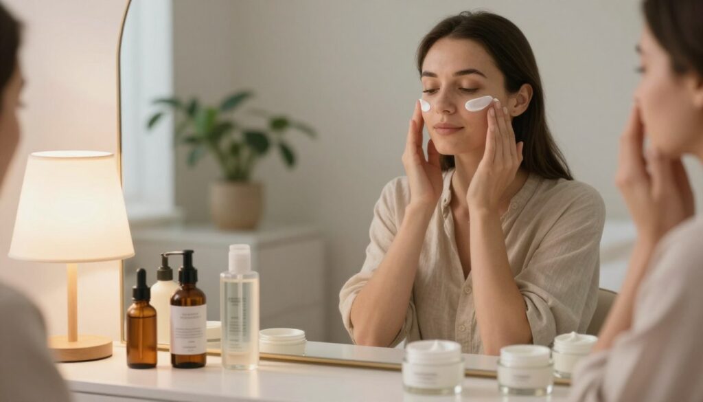A serene and inviting skincare routine scene focused on post-procedure care. In the foreground, a neatly arranged vanity table features various skincare products, such as moisturizers, serums, and soothing balms in elegant glass containers. A soft, glowing light from a stylish lamp casts a warm ambiance over the scene. In the middle ground, a well-groomed woman in modest casual clothing gently applies a soothing balm to her face, with a look of calm and focus, highlighting the importance of care after permanent makeup. The background includes a softly blurred mirror and houseplants, adding freshness and tranquility. The overall mood is peaceful and nurturing, emphasizing relaxation and self-care.