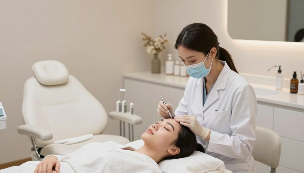 A serene beauty clinic setting, showcasing a clean, well-organized treatment room. In the foreground, a professional aesthetician, dressed in a neat white lab coat, demonstrates a gentle touch while preparing materials for a cosmetic procedure, focusing on brow mapping tools. The middle ground features a modern treatment chair, cushions neatly arranged, and a sterile environment indicating safety and professionalism. In the background, soft, diffused lighting enhances the calming atmosphere, with muted colors and elegant decor promoting a sense of relaxation. The mood is focused and reassuring, highlighting the importance of comfort and minimal discomfort during cosmetic procedures. The angle captures a wide view of the entire scene, emphasizing the attention to detail and professionalism in a beauty treatment context.
