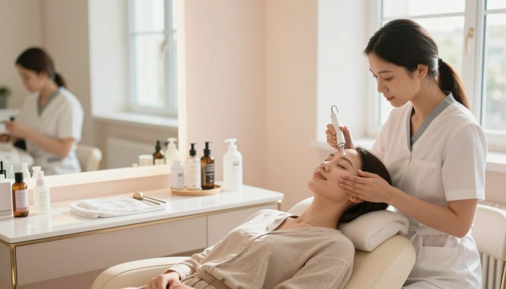 A serene beauty salon scene featuring a professional aesthetician applying an advanced skin-refreshing treatment on a client. In the foreground, the client, a woman in her early 30s wearing modest casual clothing, sits comfortably in a plush chair, displaying a relaxed expression. The aesthetician, dressed in a smart uniform, carefully uses a small device to apply a refreshing serum to the client's skin, showcasing precision and care. In the middle, a sleek vanity table with various beauty products and tools is arranged elegantly, reflecting natural light. In the background, soft pastel walls and large windows create a calming atmosphere filled with diffused sunlight, emphasizing a sense of tranquility and self-care. The overall mood is gentle and inviting, perfect for illustrating the concept of skin rejuvenation and its impacts on beauty treatment costs.