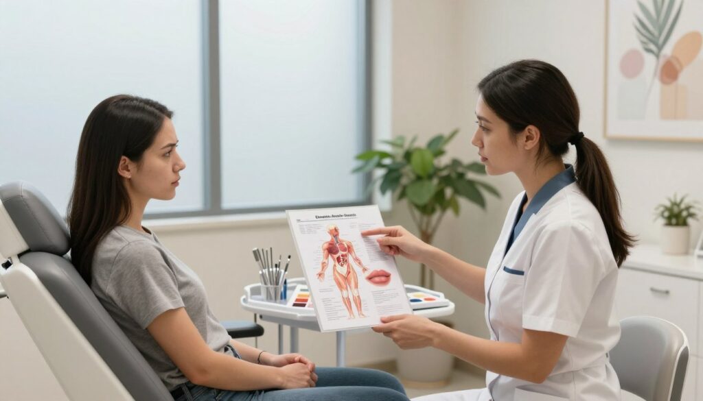 A serene clinical setting featuring a modern consultation room for permanent makeup procedures. In the foreground, a professional, well-dressed female cosmetologist discusses with a concerned client. The client, displaying subtle apprehension, sits on an elegant treatment chair, while the specialist points to a detailed anatomical chart showcasing contraindications for lip tattooing. Soft, natural lighting filters through frosted glass windows, creating a calm atmosphere. Various sterile tools and a neatly arranged color palette are visible in the middle of the scene, symbolizing professionalism and care. The background includes soothing neutral tones, plants, and art that adds a welcoming touch. The composition focuses on conveying a sense of trust and serious consideration regarding the procedure.