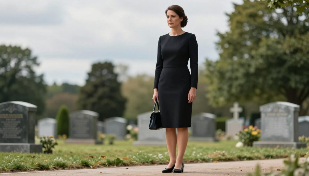 A somber and elegant depiction of a woman dressed in appropriate funeral attire, standing confidently. She is wearing a fitted black dress that falls just below the knee, complemented by modest, closed-toe shoes suitable for a funeral. Her hair is neatly styled, and she carries a simple dark handbag. Focus on her poised expression, conveying a sense of respect and tranquility. The background features a serene cemetery scene, with softly blurred gravestones and lush greenery, bathed in gentle, diffused daylight. The angle is slightly low, capturing her silhouette against the soft, cloudy sky, enhancing the mood of solemnity. The image should be clear and professional, emphasizing the importance of appropriate footwear for a respectful occasion.