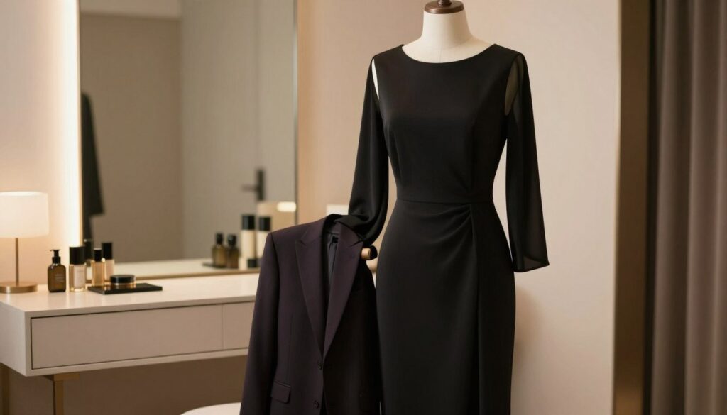 A sophisticated black evening dress elegantly draped on a mannequin in a softly lit, contemporary setting. The dress features a high neckline and subtle, flowing sleeves, accentuating its timeless elegance. In the foreground, a tailored blazer in a rich, deep tone is casually placed over the arm of the mannequin, exuding a polished yet relaxed vibe. The middle ground features a sleek, minimalist dressing table adorned with tasteful accessories, reflecting a sense of refinement. The background is filled with soft, ambient lighting that creates a warm, inviting atmosphere, enhancing the elegance of the scene. The overall mood is chic and effortless, conveying sophistication without excess, perfect for an evening occasion.