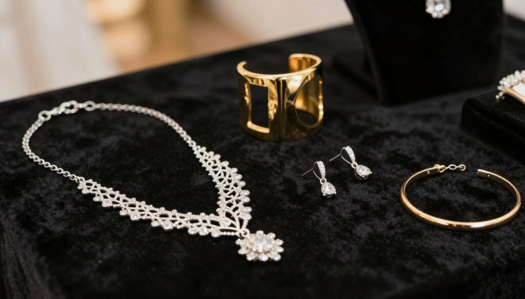 A stunning collection of elegant jewelry displayed on a soft, velvety black surface, perfect for complementing a black dress for a wedding. In the foreground, a variety of pieces are showcased: a delicate silver necklace with intricate lace-like detailing, a pair of matching earrings, and a minimalist bracelet. The middle ground features a chic gold cuff with modern geometric shapes, enhancing the luxurious feel. The background is softly blurred, with hints of warm light that create an inviting atmosphere, emphasizing the beauty of the jewelry. The image is well-lit with soft, diffused lighting to highlight the jewelry's shine and craftsmanship, taken from a slight top-down angle to capture all the details effectively.