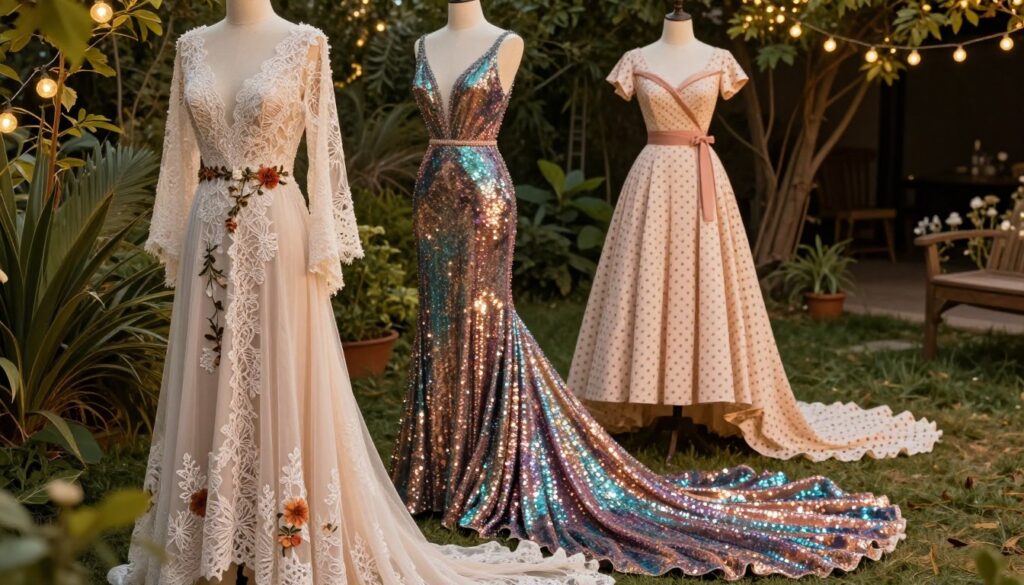 A stunning display of wedding dresses in three distinct styles: boho, glamour, and retro. In the foreground, a flowy bohemian gown with intricate lace details and earthy tones, adorned with floral accents. Next to it, a glamorous floor-length gown sparkling with sequins and a dramatic train, in rich jewel tones. Lastly, a vintage-inspired dress with a fitted waist and a flared skirt, featuring polka dots and a pastel color palette. The setting is a beautifully decorated outdoor scene with soft, natural lighting during golden hour, casting a warm glow. Lush greenery and delicate fairy lights in the background create a romantic atmosphere, highlighting the elegance of each dress style. Capture this enchanting moment from a slightly elevated angle, showcasing the dresses in harmony with the surroundings.