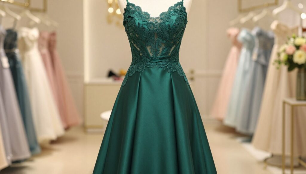 A stylish and elegant prom dress in a rich emerald green color, showcasing a flattering A-line silhouette that accentuates the waist. The fabric drapes beautifully, featuring delicate lace details along the neckline and flowing skirt. In the foreground, the dress is displayed on a mannequin against a softly lit background that simulates an upscale boutique setting. The lighting highlights the sheen of the fabric and the intricate lacework, creating a warm and inviting atmosphere. The background includes subtle hints of elegant decor, like soft pastel colors and soft-focus floral arrangements, enhancing the mood of sophistication and charm. The overall scene conveys a sense of modern elegance perfect for the 2026 prom season.