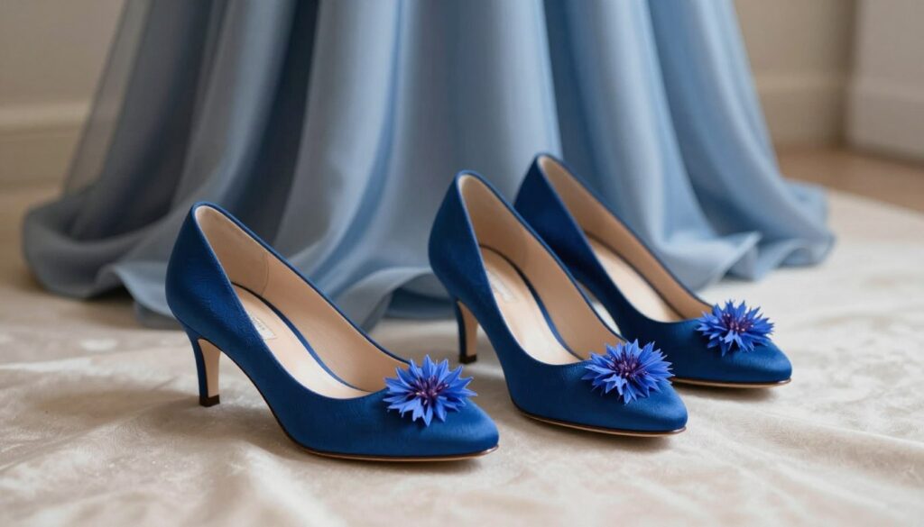 A stylish arrangement featuring a pair of elegant blue shoes designed to complement cobalt, cornflower, and navy dresses, set against a soft, neutral backdrop. The shoes should be modest and chic, highlighting their intricate details, such as texture and embellishments. In the foreground, the focus is on the shoes, displayed on a stylish surface texture like silk or satin. In the middle ground, include a subtle glimpse of a flowy blue dress to evoke the elegance of wedding attire. The lighting should be soft and diffused, creating a warm, inviting atmosphere, while enhancing the color of the shoes. The angle should be slightly from above to capture both the shoes and the suggestion of the dress without overwhelming the composition.