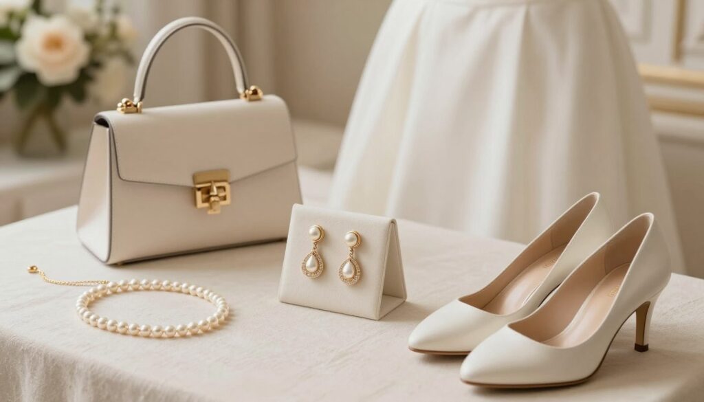 A stylish arrangement featuring a variety of elegant accessories for a white dress, emphasizing a fresh and sophisticated look. In the foreground, showcase a delicate pearl necklace and a pair of classic high-heeled shoes. In the middle, include a chic handbag and a pair of statement earrings, arranged neatly on a soft, textured fabric. In the background, a softly lit environment with subtle floral elements enhances the elegance. The lighting is warm and inviting, creating a luxurious atmosphere. Use a slightly elevated angle to capture the detail of the accessories while keeping the white dress faintly visible in the scene, suggesting a harmonious and elegant styling choice. The overall mood is refined, sophisticated, and stylish, ideal for showcasing accessories that elevate a simple white dress.