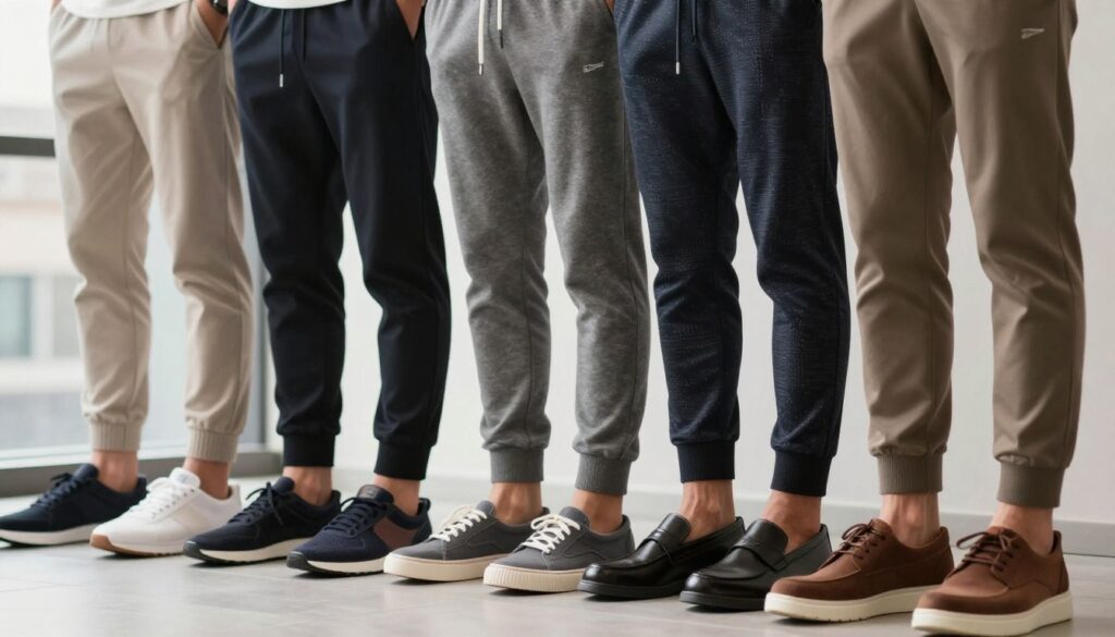 A stylish arrangement of men's joggers with various shoes suitable for different occasions and seasons. In the foreground, display a range of fashionable footwear including sneakers, loafers, and boots in diverse colors and designs, emphasizing versatility. In the middle, showcase a variety of joggers in relaxed fits and trendy patterns, hanging or neatly arranged, creating an appealing contrast with the footwear. The background features a soft, blurred urban landscape, hinting at a lifestyle setting. Use natural lighting to enhance the textures of the fabrics and shoes. A shallow depth of field will draw attention to the shoes while keeping the joggers slightly out of focus, creating a modern and sophisticated mood. The overall atmosphere is casual yet refined, ideal for everyday styling choices.