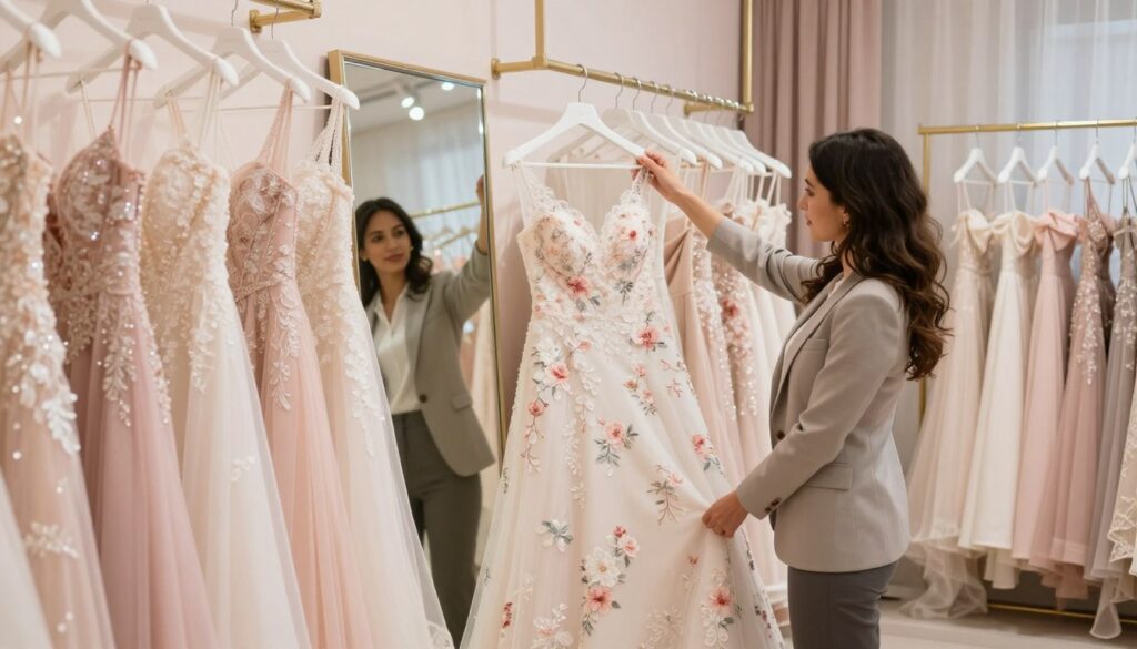 A stylish boutique interior showcasing a range of elegant dresses in various sizes hanging on racks. In the foreground, a confident woman wearing professional attire is examining a beautiful floral wedding dress, holding it up to her frame as she considers its fit. The middle ground features a mirror reflecting more dresses, with soft lighting enhancing the colors and textures. The background is filled with pastel decor and soft curtains, creating a warm and inviting atmosphere. The scene conveys a sense of calm and excitement about dress shopping, emphasizing the importance of finding the perfect fit for a special occasion like a wedding. The composition captures a bright and airy ambiance with a focus on fashion and choice.