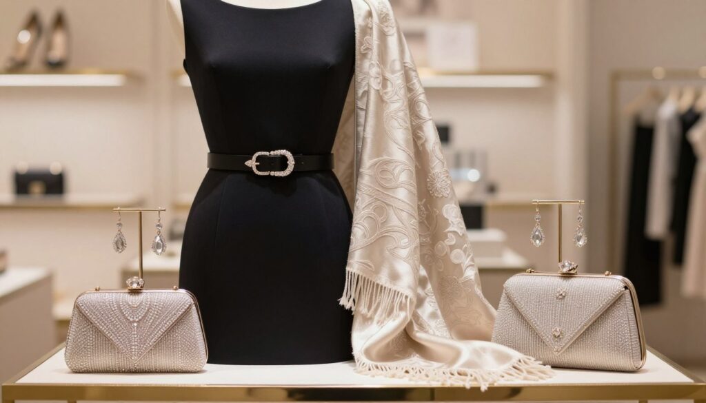 A stylish display of fashion accessories designed to complement a black dress for a wedding. In the foreground, prominently feature a sleek, elegant belt cinched at the waist of a mannequin. Next to it, a soft, luxurious shawl drapes gracefully, with intricate patterns that add a touch of sophistication. Surrounding these accessories are meticulously arranged elegant earrings and a matching clutch bag, showcasing details like sparkling gemstones and delicate textures. The background features a softly blurred, inviting setting that suggests a stylish boutique, with gentle, warm lighting highlighting the accessories to create a refined atmosphere. The overall mood is chic and elegant, perfect for an upscale wedding celebration.