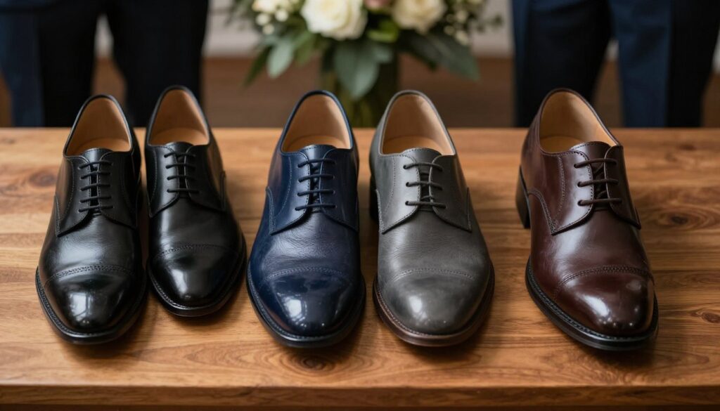 A stylish display of four pairs of shoes arranged elegantly on a wooden surface, representing appropriate colors for a funeral setting. The shoes should include a pair of classic black dress shoes, a pair in deep navy, a pair in charcoal gray, and another in dark brown. Each shoe is polished and exhibits a professional silhouette, embodying comfort without sacrificing style. Soft, diffused lighting enhances their details, casting gentle shadows that suggest a somber but respectful atmosphere. In the background, subtly blurred elements of a solemn setting like muted floral arrangements or dark fabrics help convey the mood of dignity and respect, with an emphasis on the importance of appropriate footwear choices.