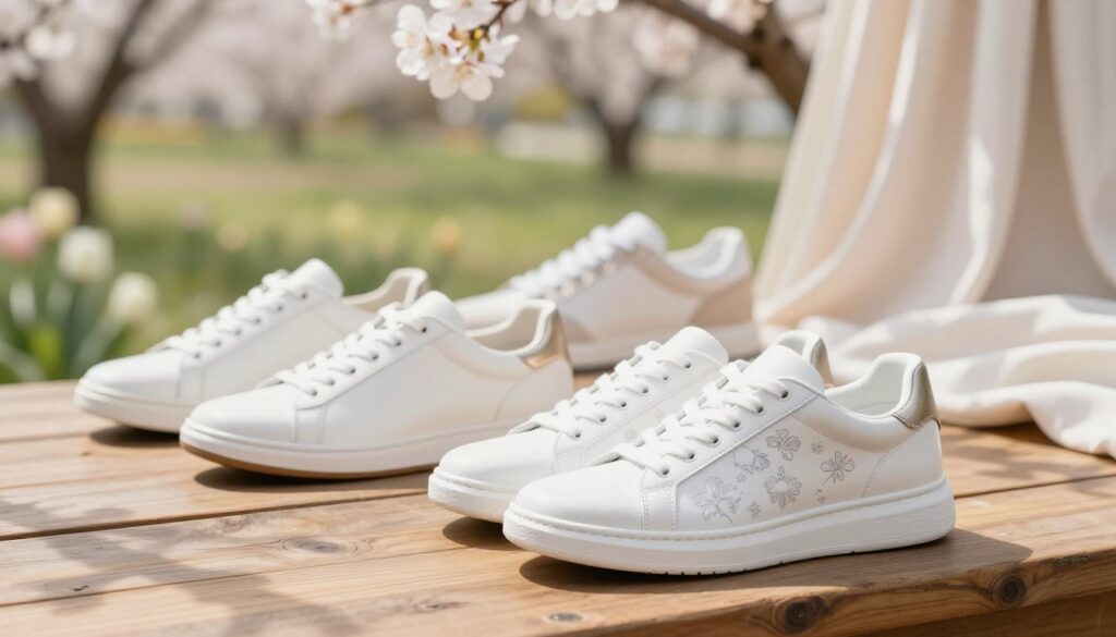 A stylish display of modern sneakers positioned on a rustic wooden surface, highlighting a variety of designs. In the foreground, a pair of sleek white sneakers with subtle floral embroidery, perfect for casual wear, rests beside a more elegant pair with metallic accents suitable for special occasions. The middle ground features a blurred view of a spring garden with soft, blooming flowers, enhancing the seasonal vibe. Soft, natural light filters through the scene, creating gentle shadows that add depth. The background subtly hints at a light-colored pastel cloth draped lightly, conveying a chic, sophisticated ambiance. The overall mood is fresh and fashionable, embodying spring's awakening and showcasing versatile footwear that complements both casual dresses and elegant outfits.
