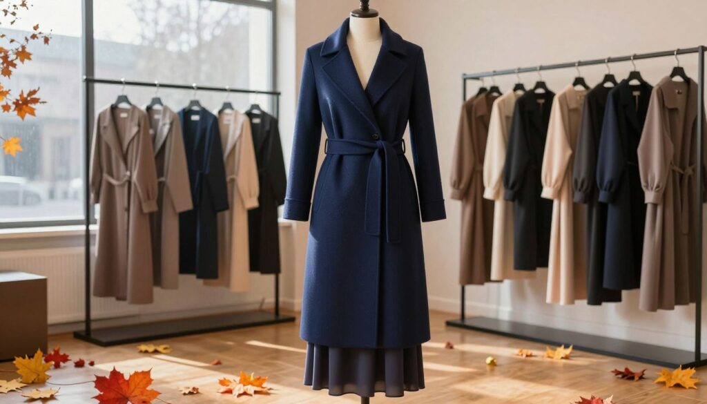 A stylish, elegant winter coat, known as a "płaszcz," draped over a mannequin in a softly lit boutique setting. The coat features a tailored fit, with a rich navy color and intricate detailing such as a high collar and belted waist, complementing a flowing, long dress underneath it. In the foreground, vibrant autumn leaves scattered on a polished wooden floor enhance the season's atmosphere. The middle ground showcases a modern clothing rack filled with various long dresses in muted tones, creating a harmonious color palette. The background reveals large, frosted windows allowing gentle sunlight to filter in, casting soft shadows and creating a cozy, fashionable ambiance. The overall mood is stylish and inviting, perfect for highlighting the blend of sophistication and proportion suitable for various outfits.