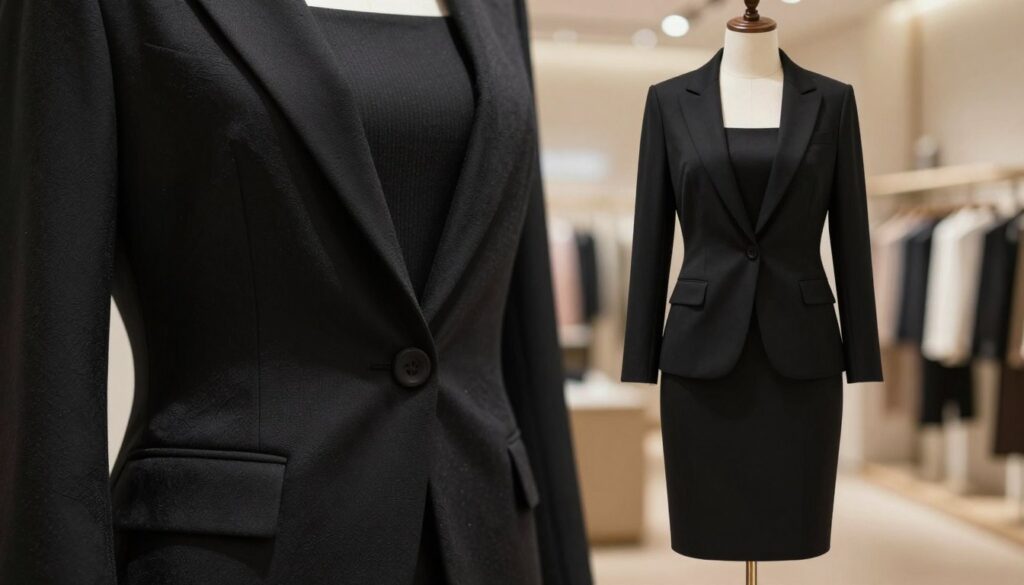 A stylish ensemble showcasing a black dress paired with a sophisticated jacket, highlighting various fabrics and textures. The foreground features a close-up on the jacket's intricate details, such as subtle embroidery and rich fabric weaves, contrasting beautifully with the smooth, elegant texture of the black dress. In the middle ground, a mannequin displays the complete outfit, posed elegantly to emphasize the jacket's chic fit and stylish lines. The background softly blurred, features a warm, inviting boutique setting with muted lighting that creates an inviting atmosphere. Soft shadows accentuate the folds of the fabrics, lending depth to the image. The scene conveys a sophisticated and fashionable ambiance, perfect for exploring the topic of materials and finishes in formal attire.