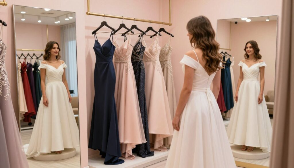 A stylish fitting room showcasing a variety of formal dresses suitable for an elegant prom night. In the foreground, a full-length mirror reflects a youthful woman trying on a classic A-line dress that flatters her hourglass figure, elegantly cinched at the waist. In the middle, a selection of dresses in different colors and styles, such as a fitted mermaid gown and a flowy ball gown, hang on stylish racks. The background is softly illuminated, featuring pastel-colored walls and chic, modern decor. Warm lighting creates a flattering and inviting atmosphere, enhancing the excitement and beauty of selecting the perfect dress. The scene embodies confidence, elegance, and the joy of finding the right fit for one's silhouette.