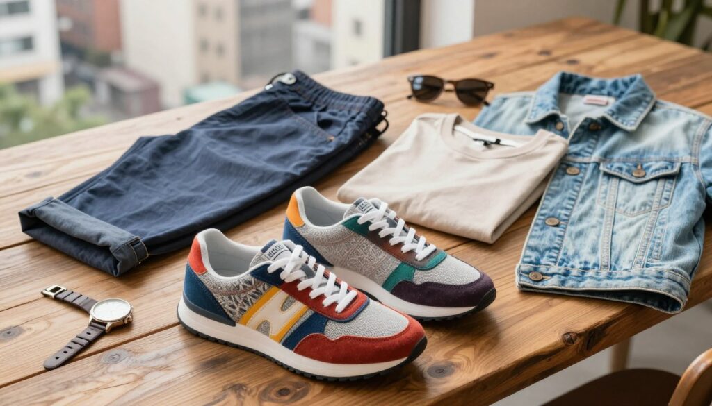 A stylish flat lay featuring a pair of trendy sneakers designed for everyday wear. The foreground showcases vibrant sneakers with unique patterns and colors, positioned next to casual clothing items like a pair of rolled-up chinos, a soft cotton t-shirt, and a light denim jacket. In the middle ground, a rustic wooden table adds texture, scattered with various accessories like a wristwatch and sunglasses. The background features a blurred urban landscape, hinting at a city vibe, with soft natural lighting giving a warm, inviting atmosphere. The overall mood is relaxed and effortlessly stylish, perfect for inspiring casual outfit ideas. The angle should be slightly overhead to capture all elements harmoniously.