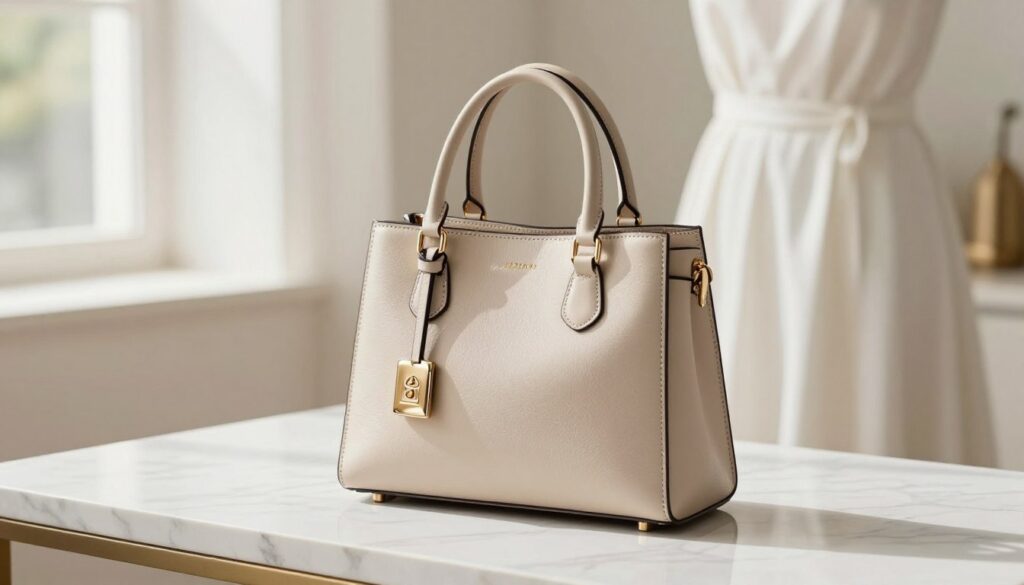 A stylish handbag placed elegantly on a marble surface, showcasing its intricate details and textures. The handbag features a modern design with a mix of soft leather and metallic accents, reflecting a fresh and elegant aesthetic. In the background, softly blurred elements of a bright, airy room with natural light streaming in, enhancing the sophisticated atmosphere. Consider a shallow depth of field to draw attention to the handbag, while ensuring the colors are soft and inviting. The overall mood is chic and refined, ideal for highlighting accessories that complement a white dress. Aim for a warm lighting effect to create a harmonious and elegant scene.