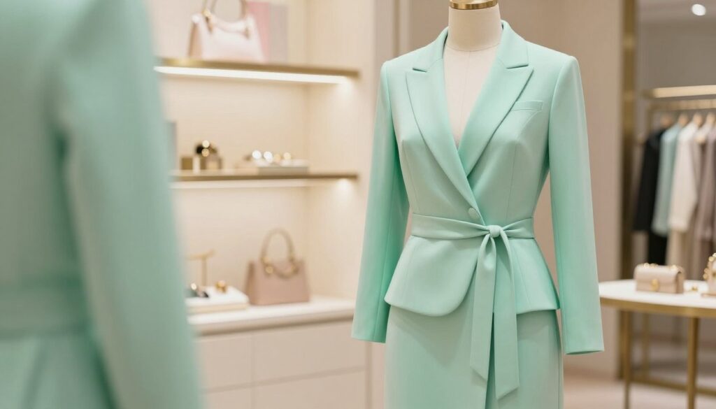A stylish mint green dress elegantly displayed on a mannequin, paired with an elegantly tailored jacket that complements its hue. The jacket features a modern silhouette with subtle detailing, such as a sash or peplum, enhancing the overall look. In the foreground, soft fabric textures draw attention, while the middle ground highlights a softly lit environment with a chic boutique ambiance, showcasing delicate accessories on nearby display. The background contains blurred hints of soft pastel colors to evoke a light and airy atmosphere, suitable for a stylish summer outing. The lighting is warm and inviting, creating a sophisticated yet relaxed feel. The focus is on the harmonious pairing of the mint dress and jacket, capturing the essence of elegant summer styling.
